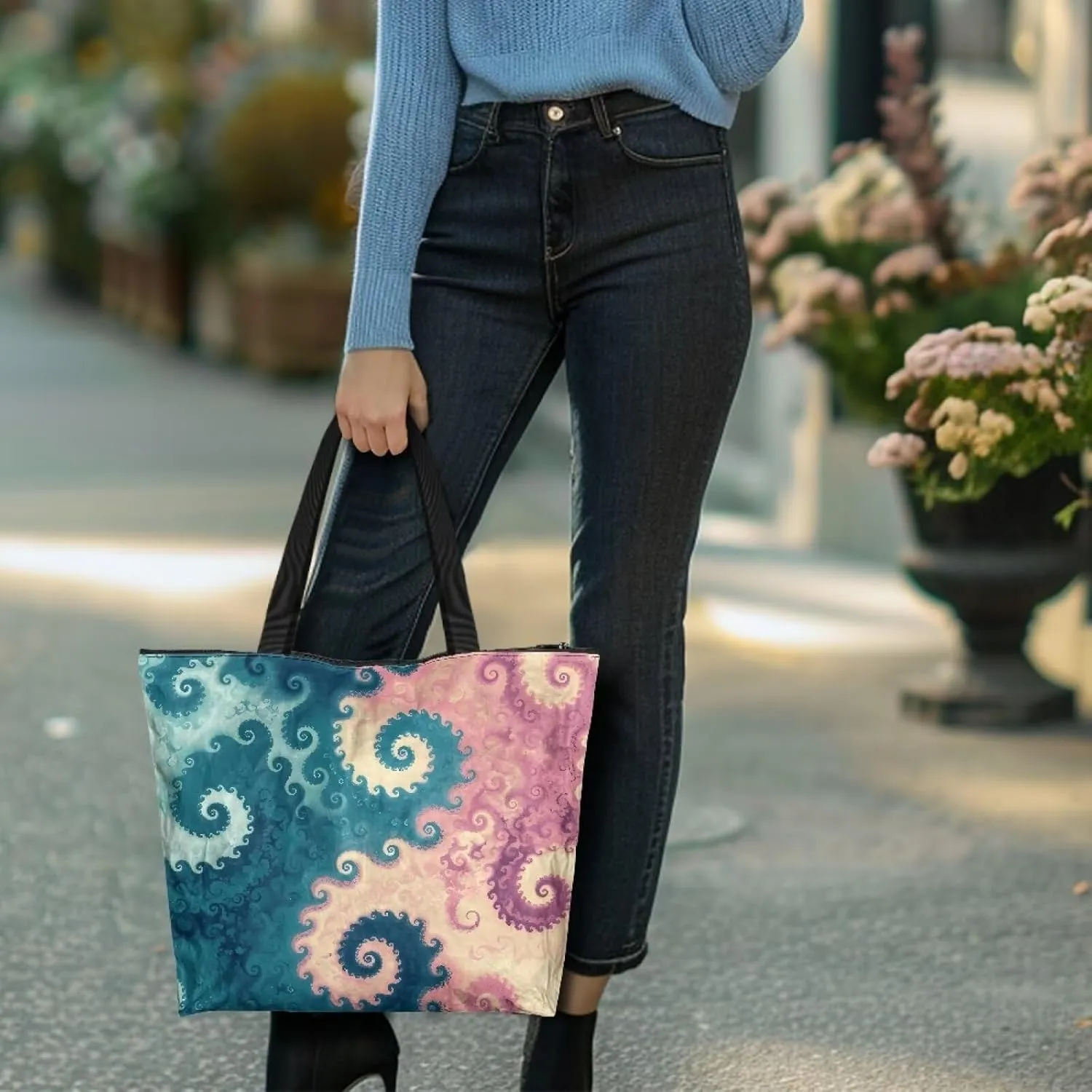 Large Tote Bag with Zipper, Fractal Spiral Art Waterproof Paper Travel Beach Bag, Shoulder Tote Bag for Work Gym