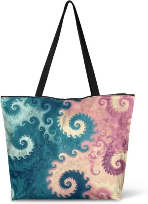 Large Tote Bag with Zipper, Fractal Spiral Art Waterproof Paper Travel Beach Bag, Shoulder Tote Bag for Work Gym