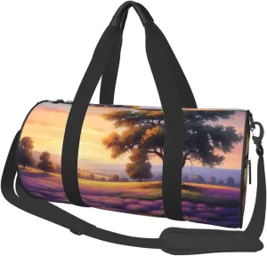 Lavender Meadow at Sunset Spring Printed Travel Bag,Round Personal Item Storage bag,Foldie Duffel Bag for Traveling Vacation,Fitness,Sports