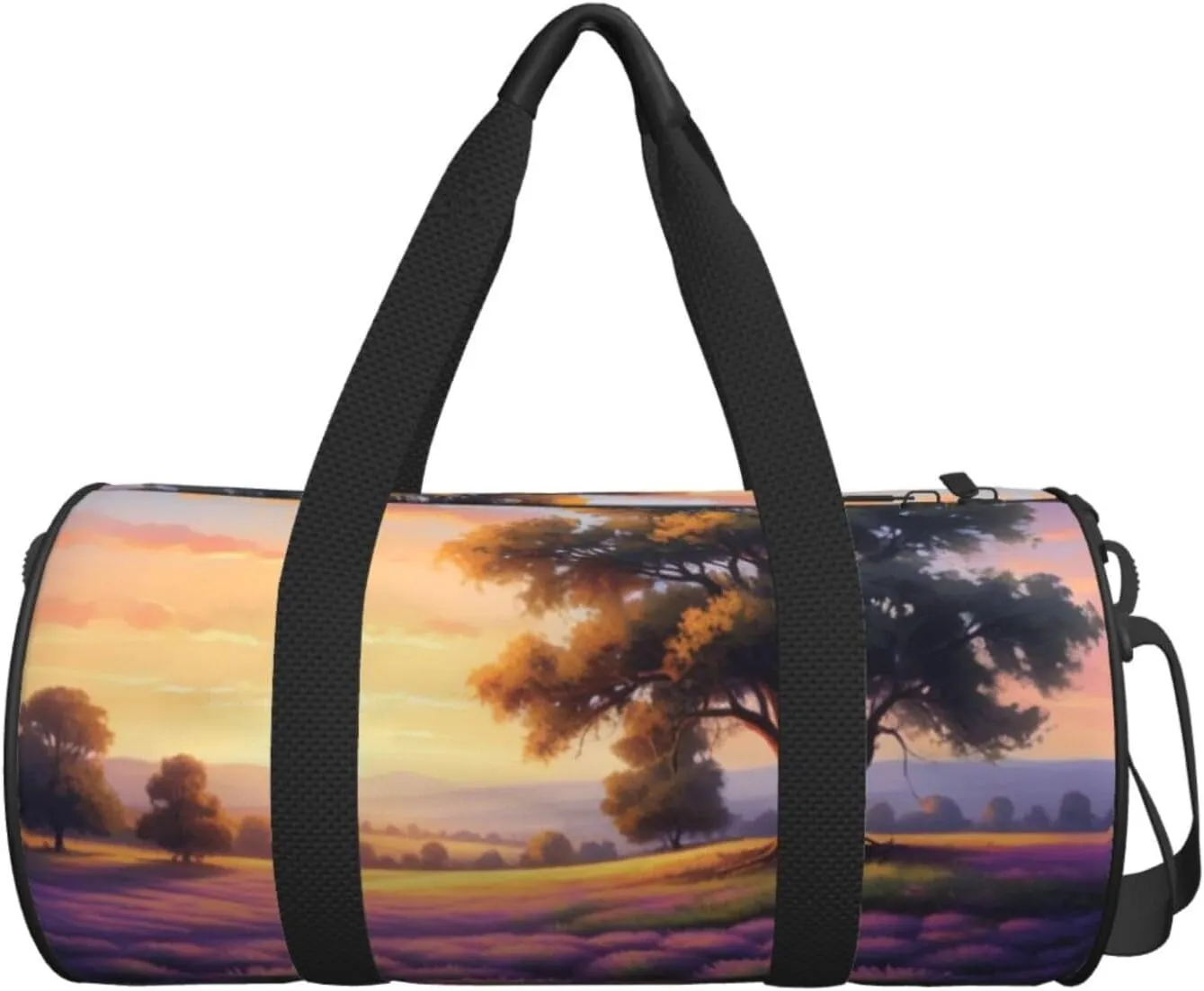 Lavender Meadow at Sunset Spring Printed Travel Bag,Round Personal Item Storage bag,Foldie Duffel Bag for Traveling Vacation,Fitness,Sports