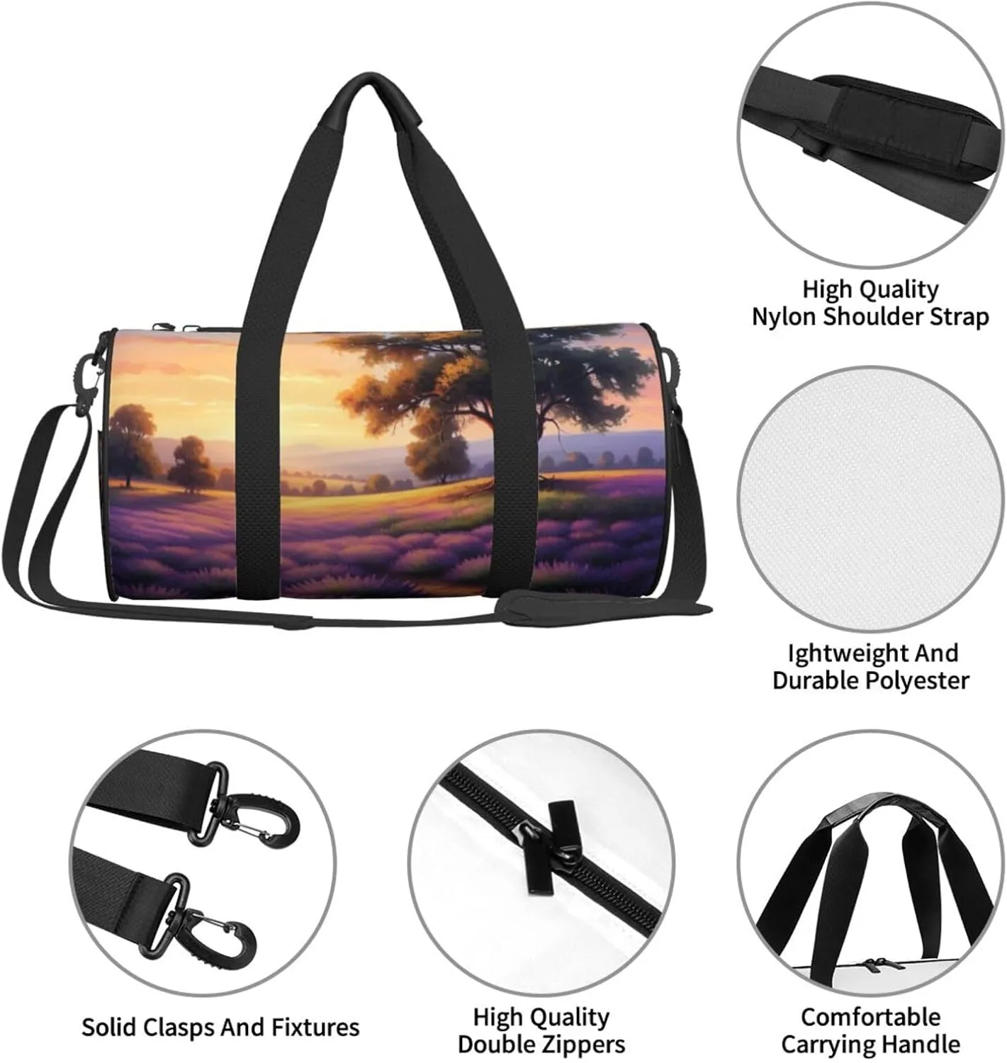 Lavender Meadow at Sunset Spring Printed Travel Bag,Round Personal Item Storage bag,Foldie Duffel Bag for Traveling Vacation,Fitness,Sports