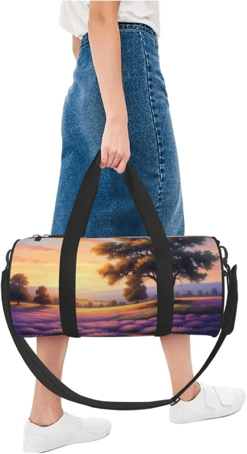 Lavender Meadow at Sunset Spring Printed Travel Bag,Round Personal Item Storage bag,Foldie Duffel Bag for Traveling Vacation,Fitness,Sports