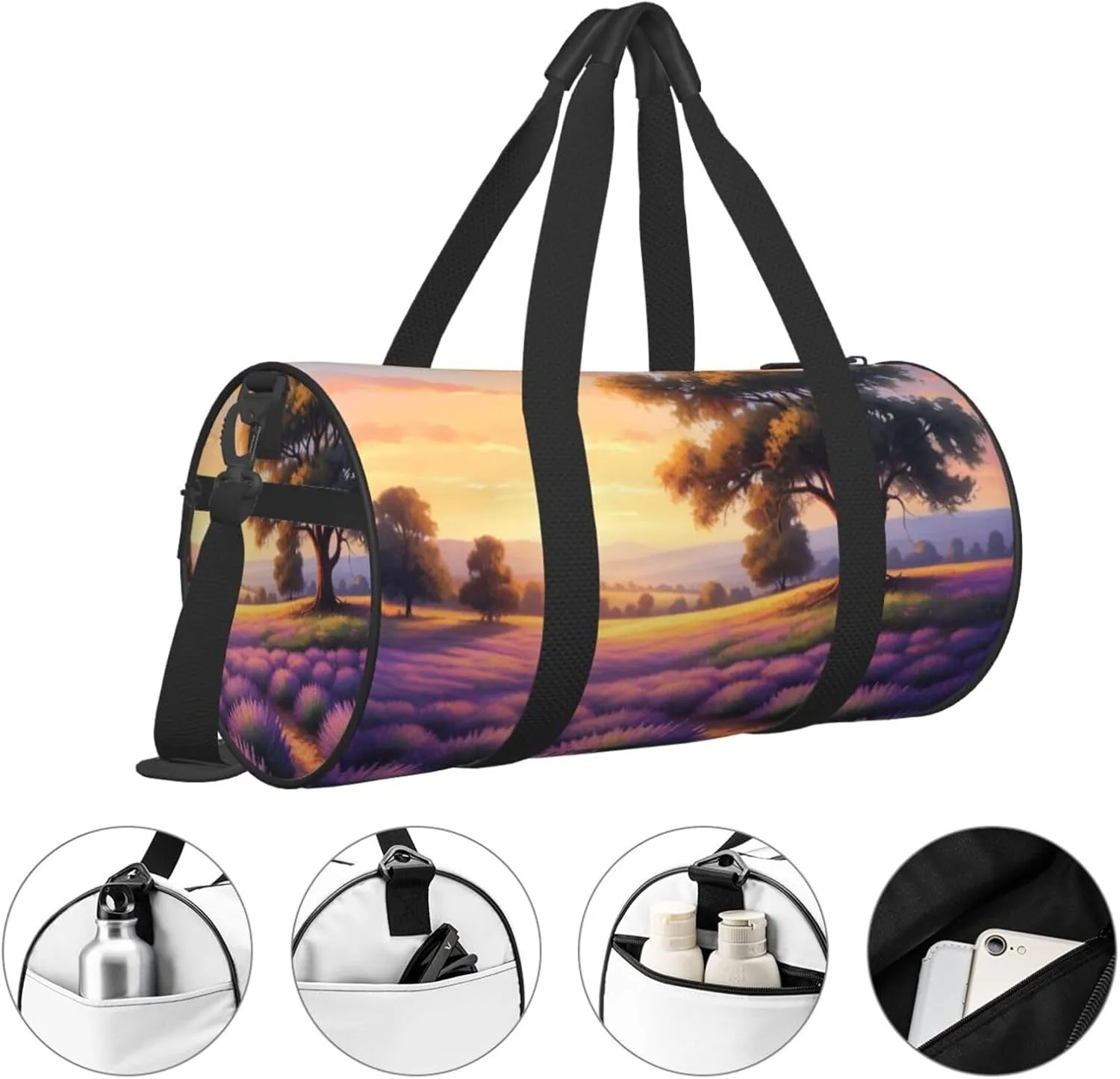 Lavender Meadow at Sunset Spring Printed Travel Bag,Round Personal Item Storage bag,Foldie Duffel Bag for Traveling Vacation,Fitness,Sports