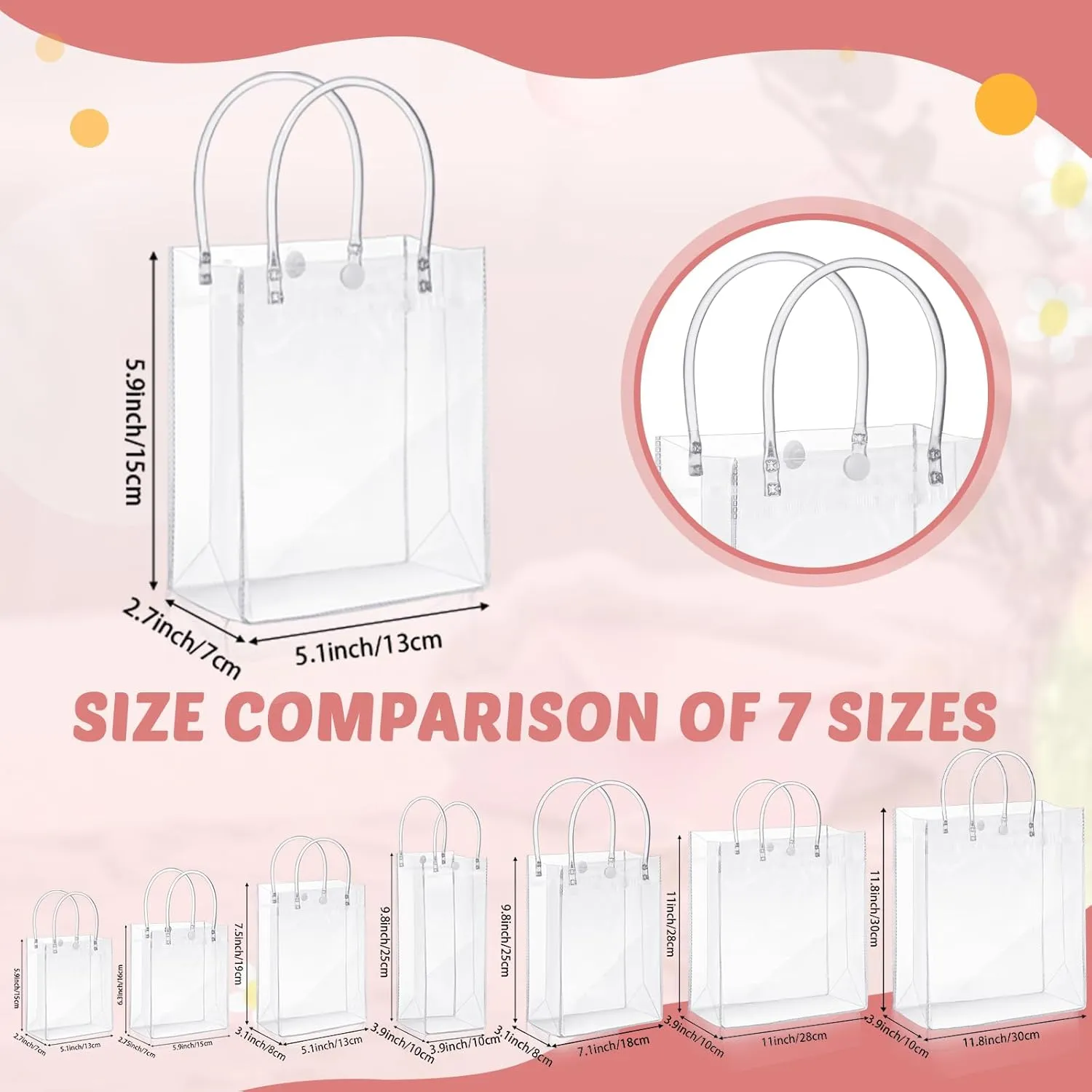 LEIFIDE 50 Pcs Clear Plastic Gift Bags with Handles PVC Reusable Transparent Totes Bags for Shopping Goodie Candy School Birthday Party(5.1 x 5.9 x 2.7 Inch)