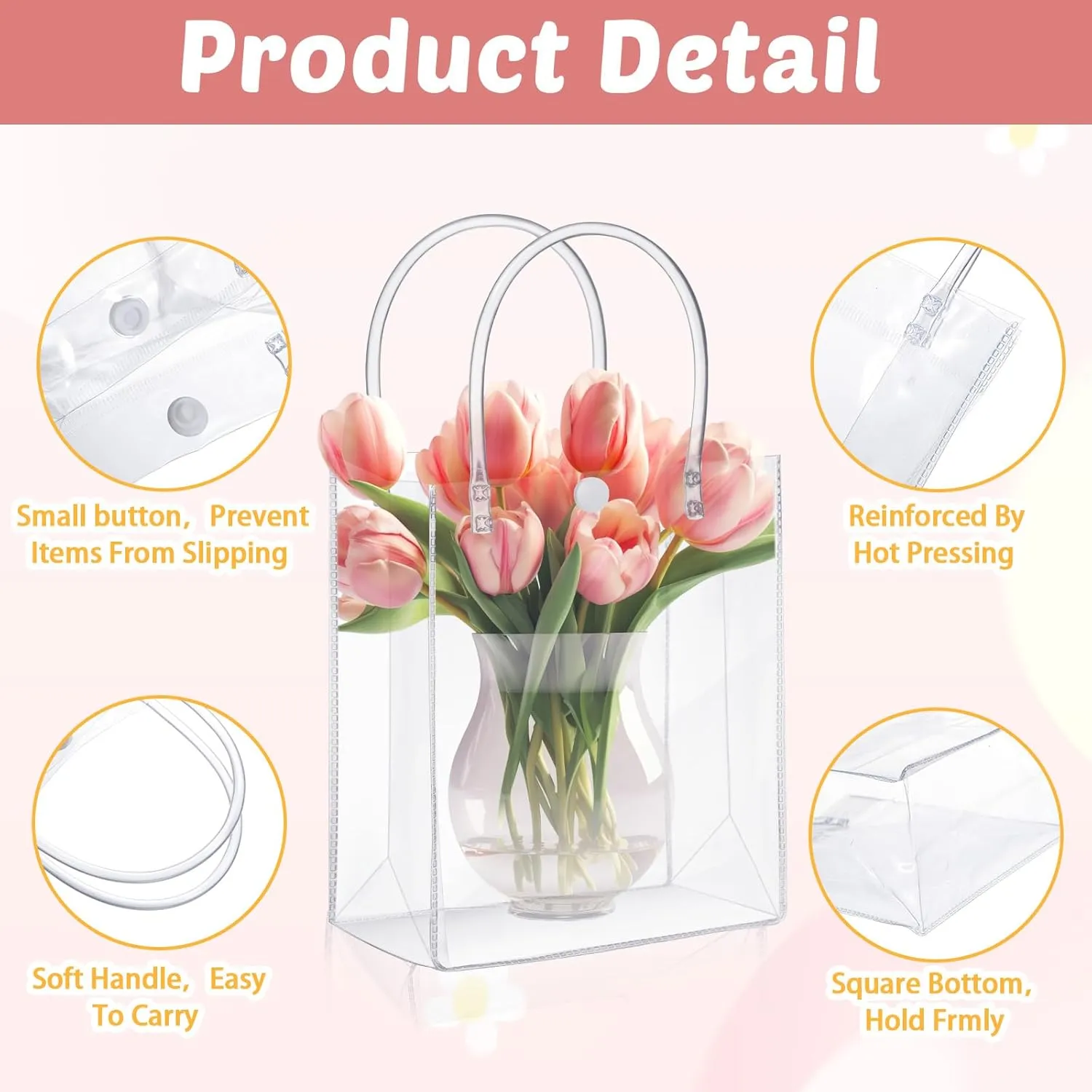 LEIFIDE 50 Pcs Clear Plastic Gift Bags with Handles PVC Reusable Transparent Totes Bags for Shopping Goodie Candy School Birthday Party(5.1 x 5.9 x 2.7 Inch)