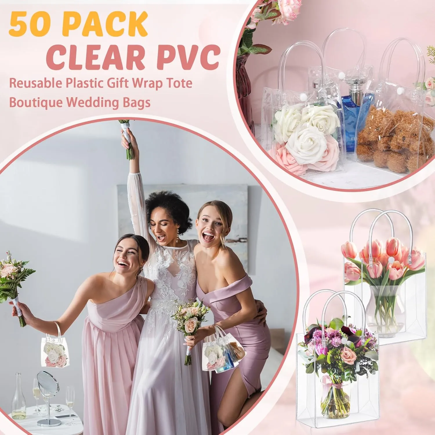 LEIFIDE 50 Pcs Clear Plastic Gift Bags with Handles PVC Reusable Transparent Totes Bags for Shopping Goodie Candy School Birthday Party(5.1 x 5.9 x 2.7 Inch)