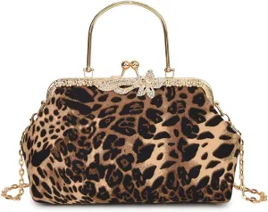 Leopard Evening Clutch Purse with Chain Cheetah Print Kiss Lock Evening Handbag and Purse Party Prom Evening Tote Bags