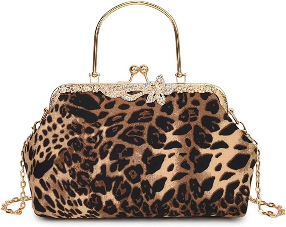 Leopard Evening Clutch Purse with Chain Cheetah Print Kiss Lock Evening Handbag and Purse Party Prom Evening Tote Bags