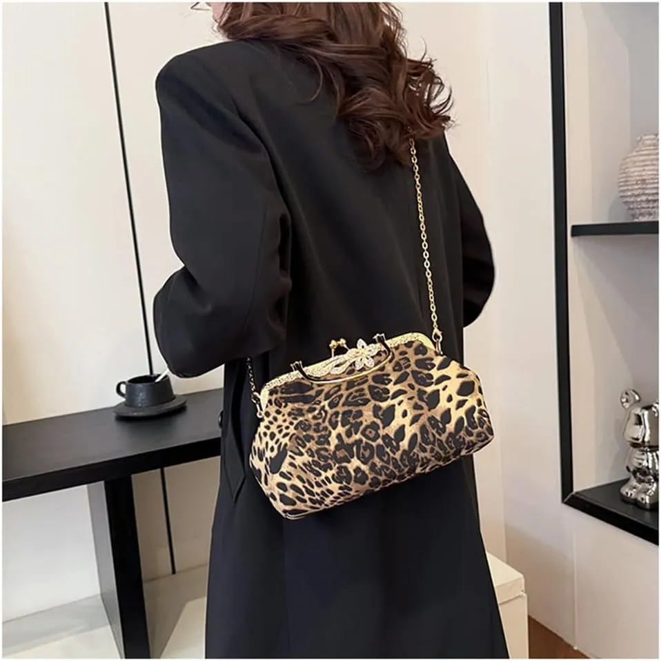 Leopard Evening Clutch Purse with Chain Cheetah Print Kiss Lock Evening Handbag and Purse Party Prom Evening Tote Bags