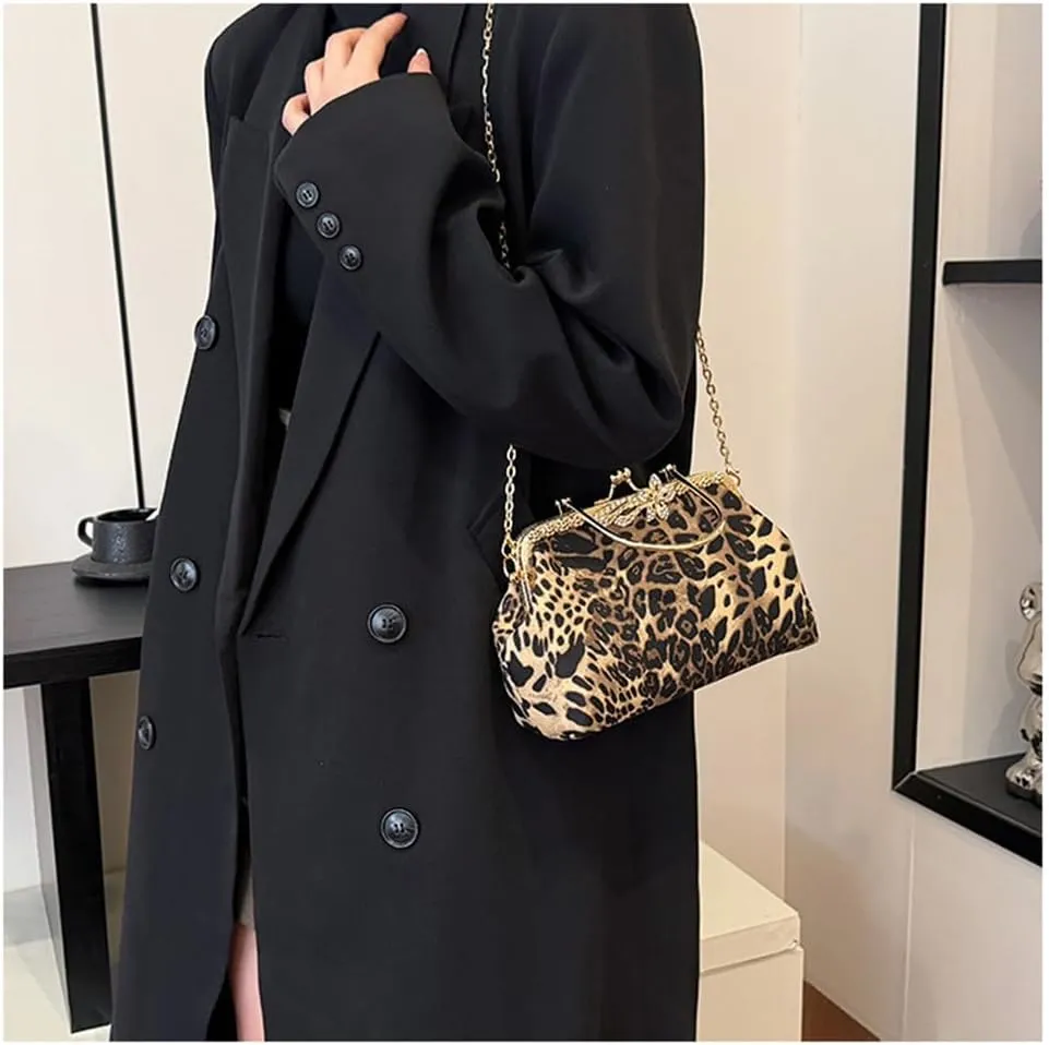 Leopard Evening Clutch Purse with Chain Cheetah Print Kiss Lock Evening Handbag and Purse Party Prom Evening Tote Bags