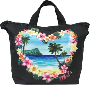 LeSportsac Aloha Sunrise HAWAII EXCLUSIVE Easy Carry Tote Crossbody   Top Handle Handbag, Style 2431/Color K586, Placement Print - Vibrant Tropical Lei Flowers & Palm Trees, Aloha Printed Front & Back