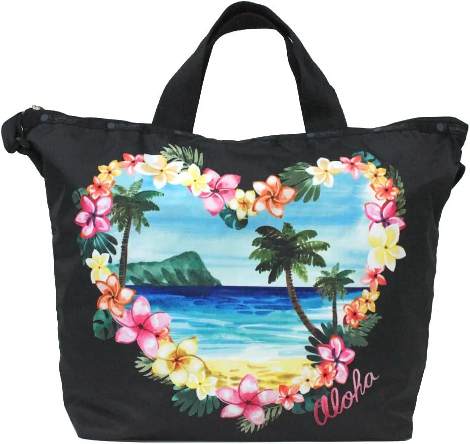 LeSportsac Aloha Sunrise HAWAII EXCLUSIVE Easy Carry Tote Crossbody   Top Handle Handbag, Style 2431/Color K586, Placement Print - Vibrant Tropical Lei Flowers & Palm Trees, Aloha Printed Front & Back
