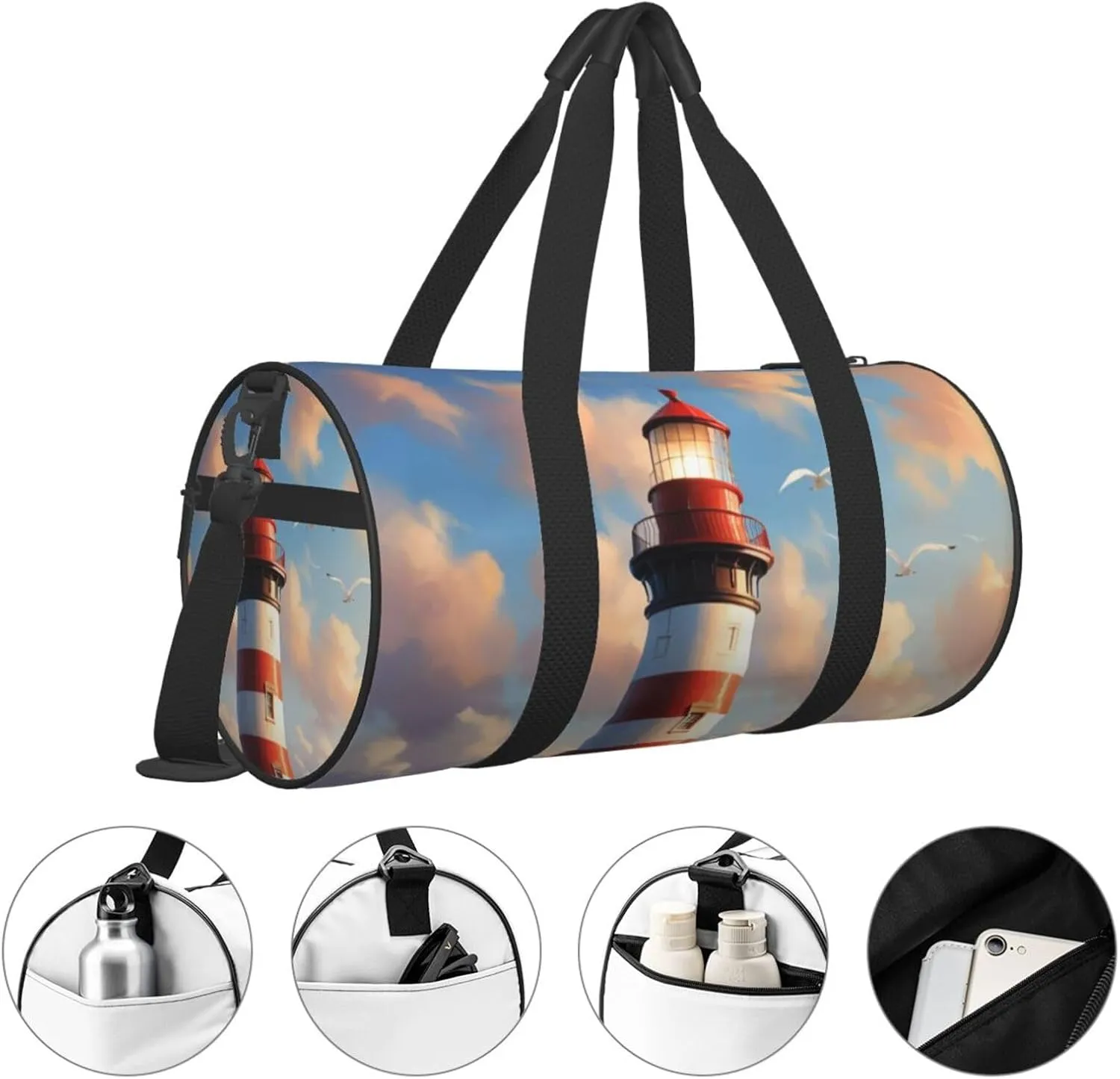 Lighthouse Backdrop Printed Travel Bag,Round Personal Item Storage bag,Foldie Duffel Bag for Traveling Vacation,Fitness,Sports