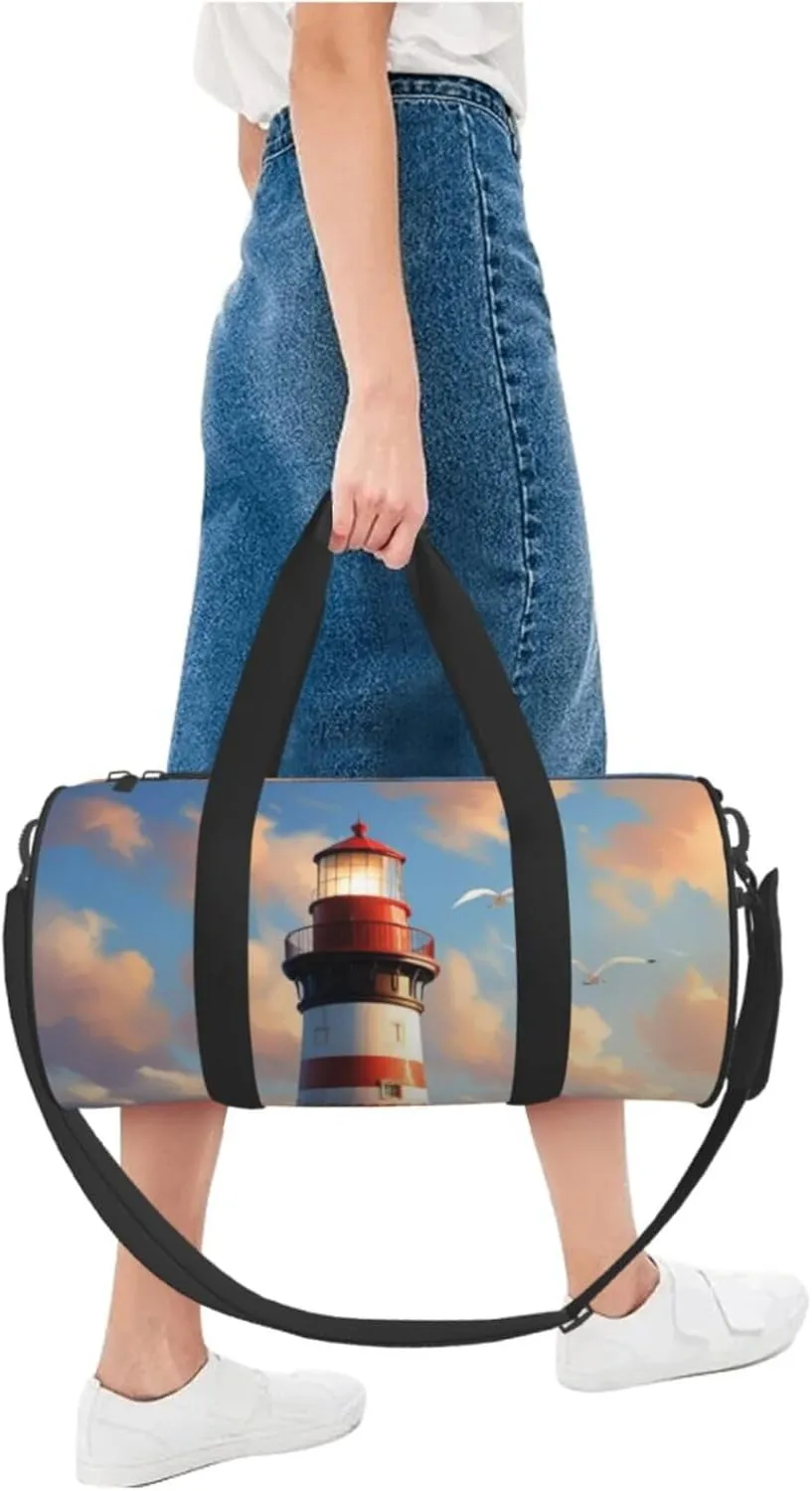 Lighthouse Backdrop Printed Travel Bag,Round Personal Item Storage bag,Foldie Duffel Bag for Traveling Vacation,Fitness,Sports