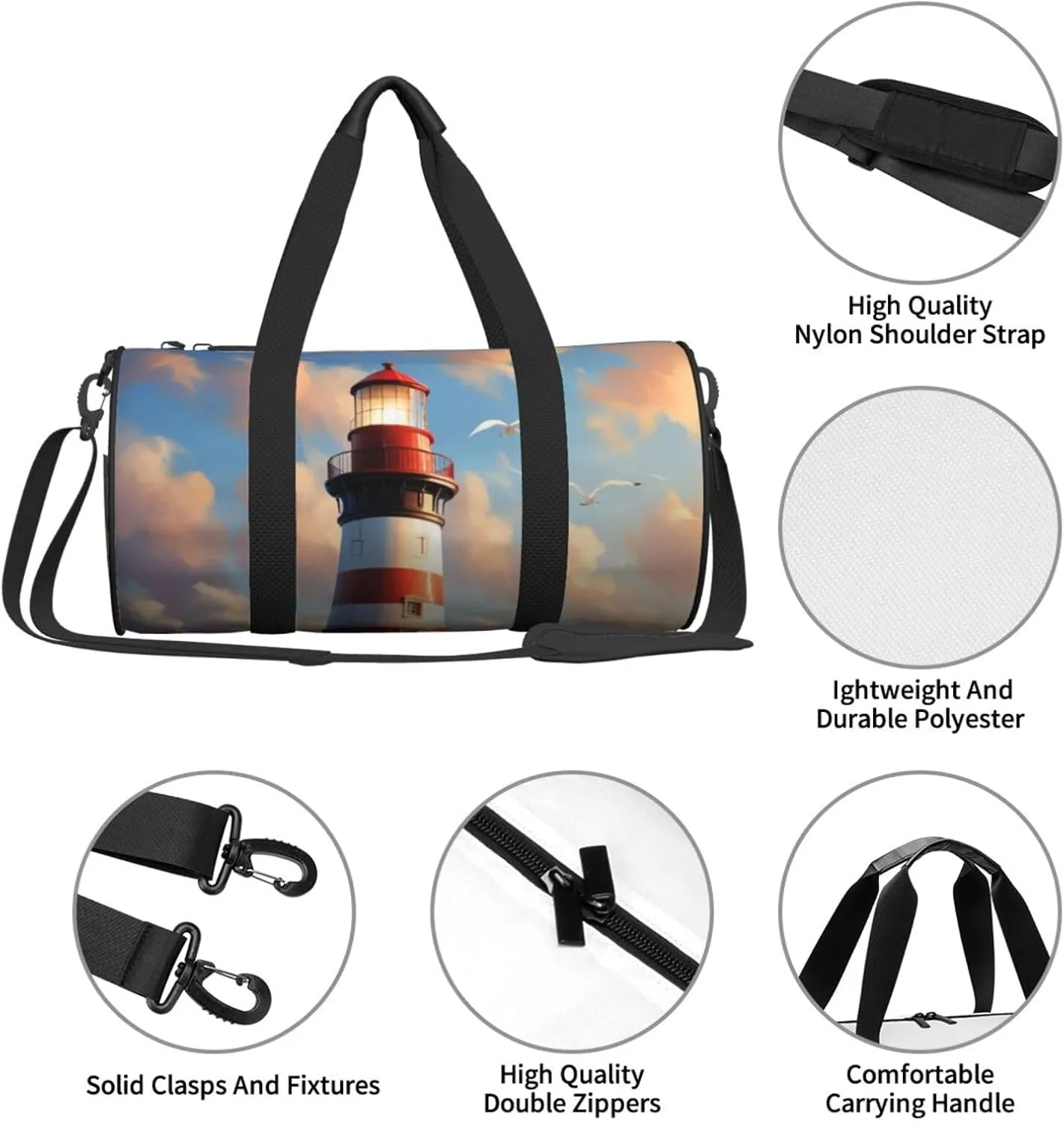 Lighthouse Backdrop Printed Travel Bag,Round Personal Item Storage bag,Foldie Duffel Bag for Traveling Vacation,Fitness,Sports