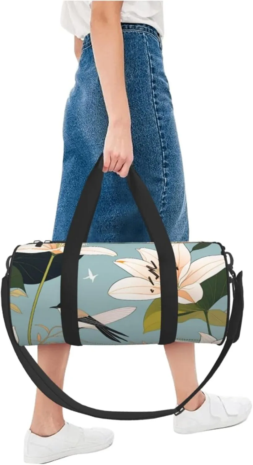 Lily Flowers Birds Printed Travel Bag,Round Personal Item Storage bag,Foldie Duffel Bag for Traveling Vacation,Fitness,Sports