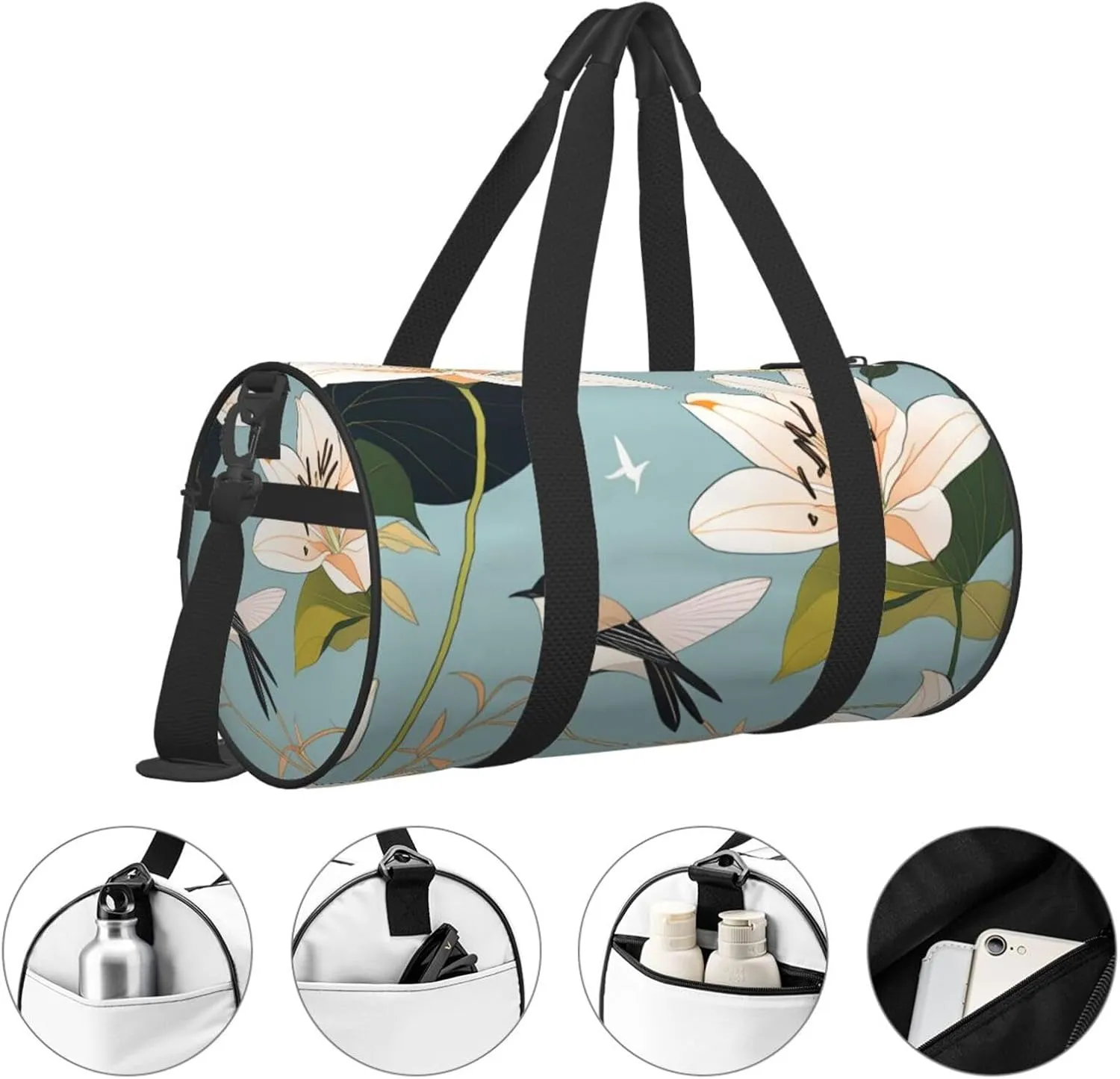 Lily Flowers Birds Printed Travel Bag,Round Personal Item Storage bag,Foldie Duffel Bag for Traveling Vacation,Fitness,Sports