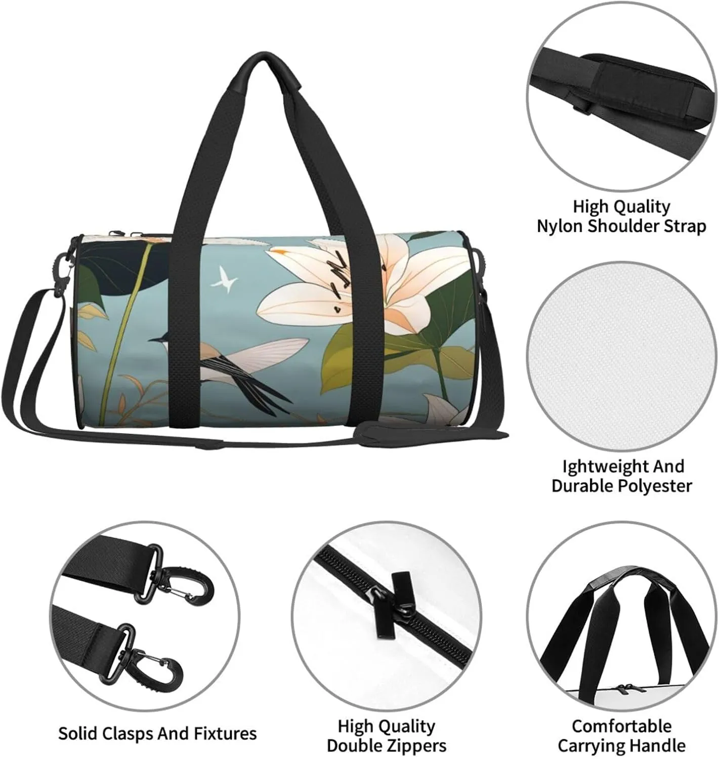 Lily Flowers Birds Printed Travel Bag,Round Personal Item Storage bag,Foldie Duffel Bag for Traveling Vacation,Fitness,Sports