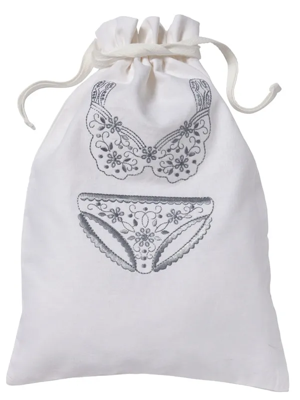 Lingerie Bag, White Cotton/Linen, Flower Bikini (Pewter)