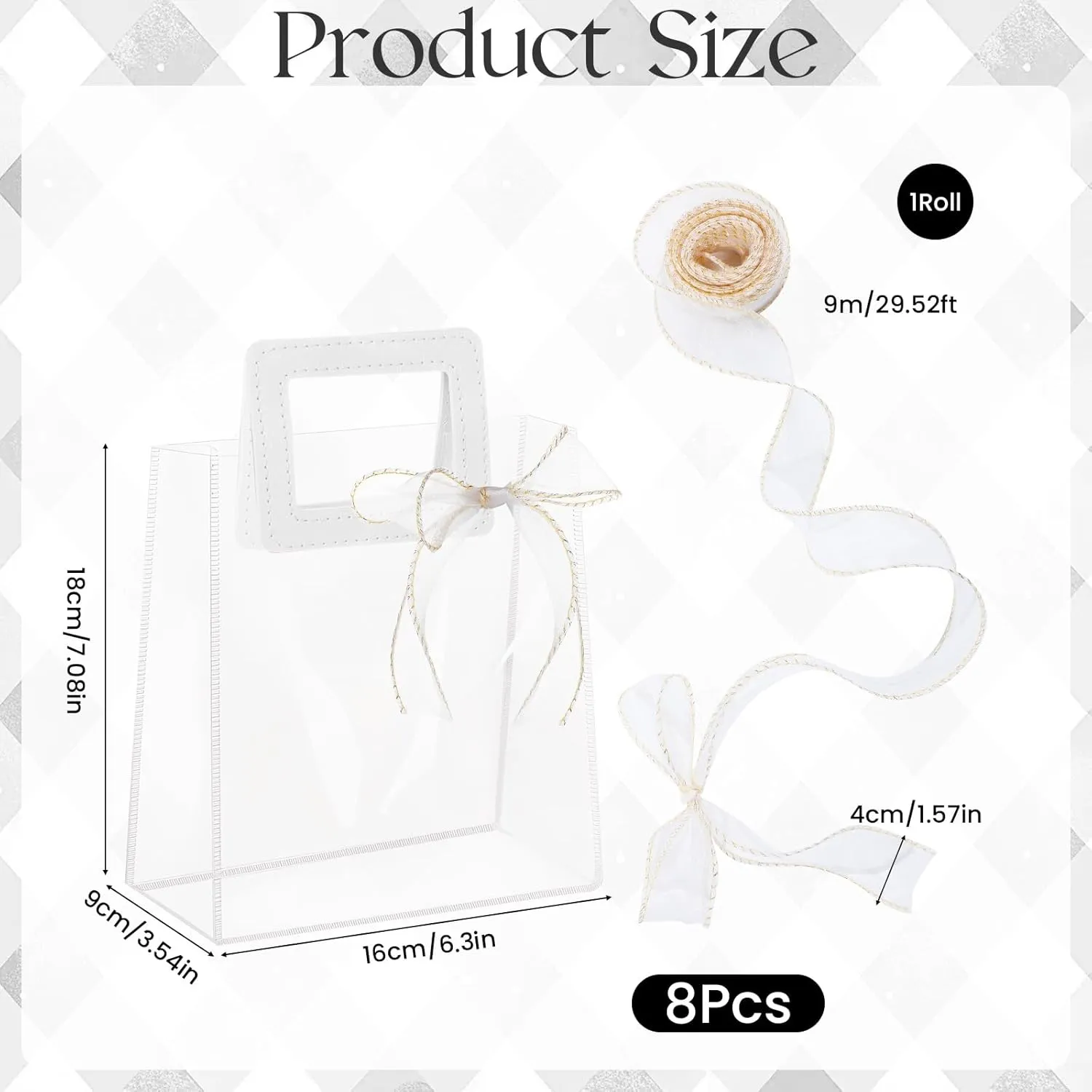 Liobelon 8 Pieces Clear Gift Bags with Handles, Transparent PVC Gift Bag with Ribbon Reusable Clear Tote Bag Small Gift Bag for Bridal Party, Baby Shower, Wedding, Birthday (7 x 6.3 x 3.5 Inch, White)