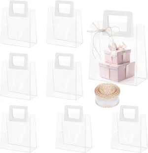 Liobelon 8 Pieces Clear Gift Bags with Handles, Transparent PVC Gift Bag with Ribbon Reusable Clear Tote Bag Small Gift Bag for Bridal Party, Baby Shower, Wedding, Birthday (7 x 6.3 x 3.5 Inch, White)