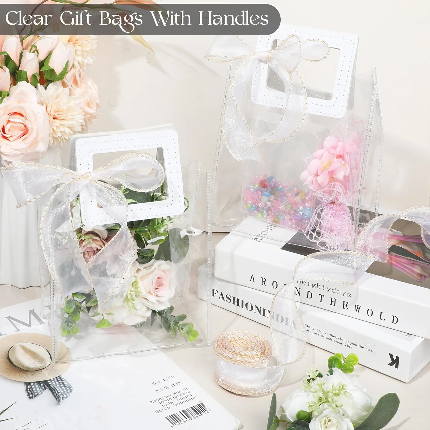 Liobelon 8 Pieces Clear Gift Bags with Handles, Transparent PVC Gift Bag with Ribbon Reusable Clear Tote Bag Small Gift Bag for Bridal Party, Baby Shower, Wedding, Birthday (7 x 6.3 x 3.5 Inch, White)