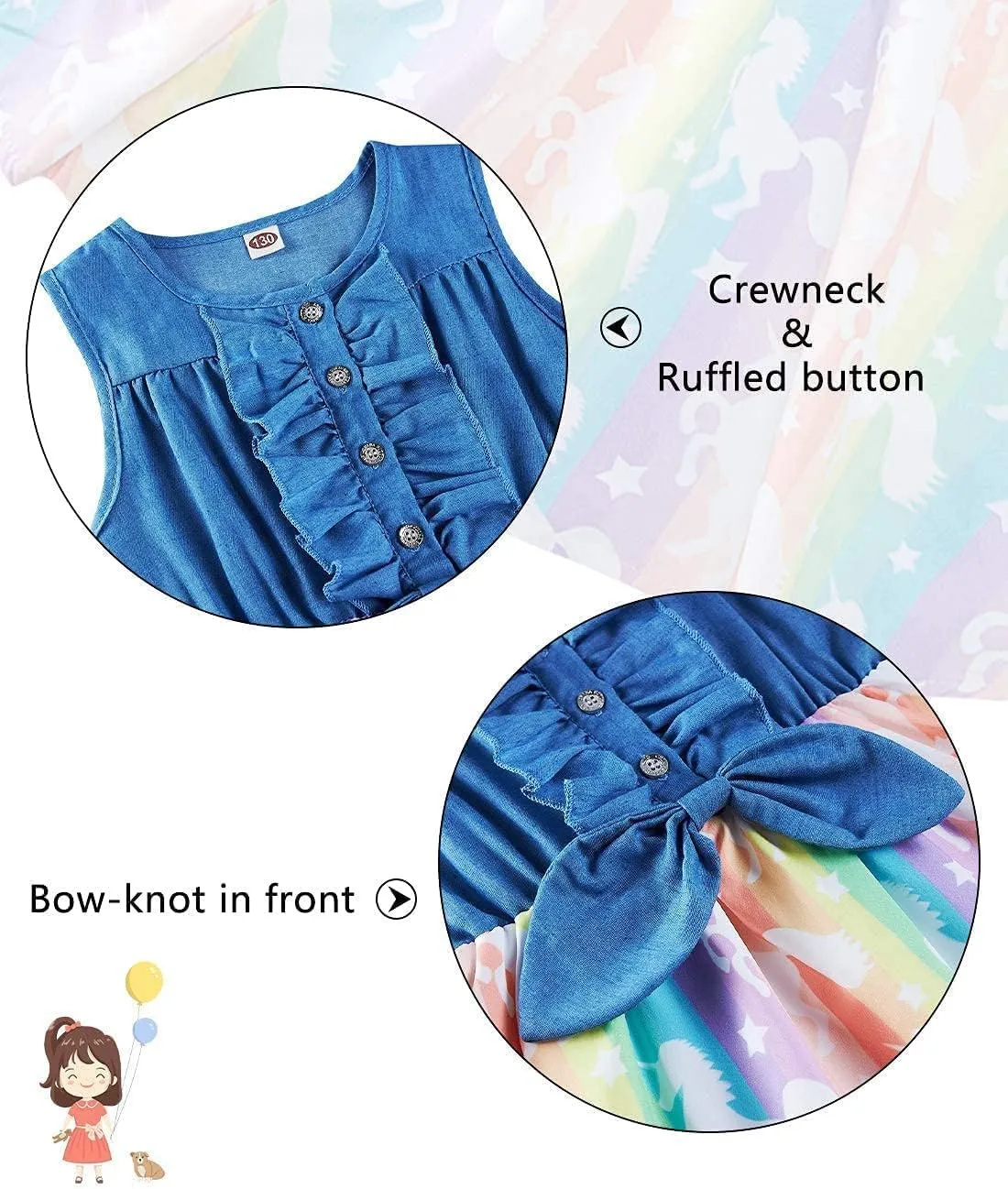 Little Girls Sleeveless Denim Dresses Casual Bowknot One-Piece Princess Sundress Tutu Skirt 2-8 Years