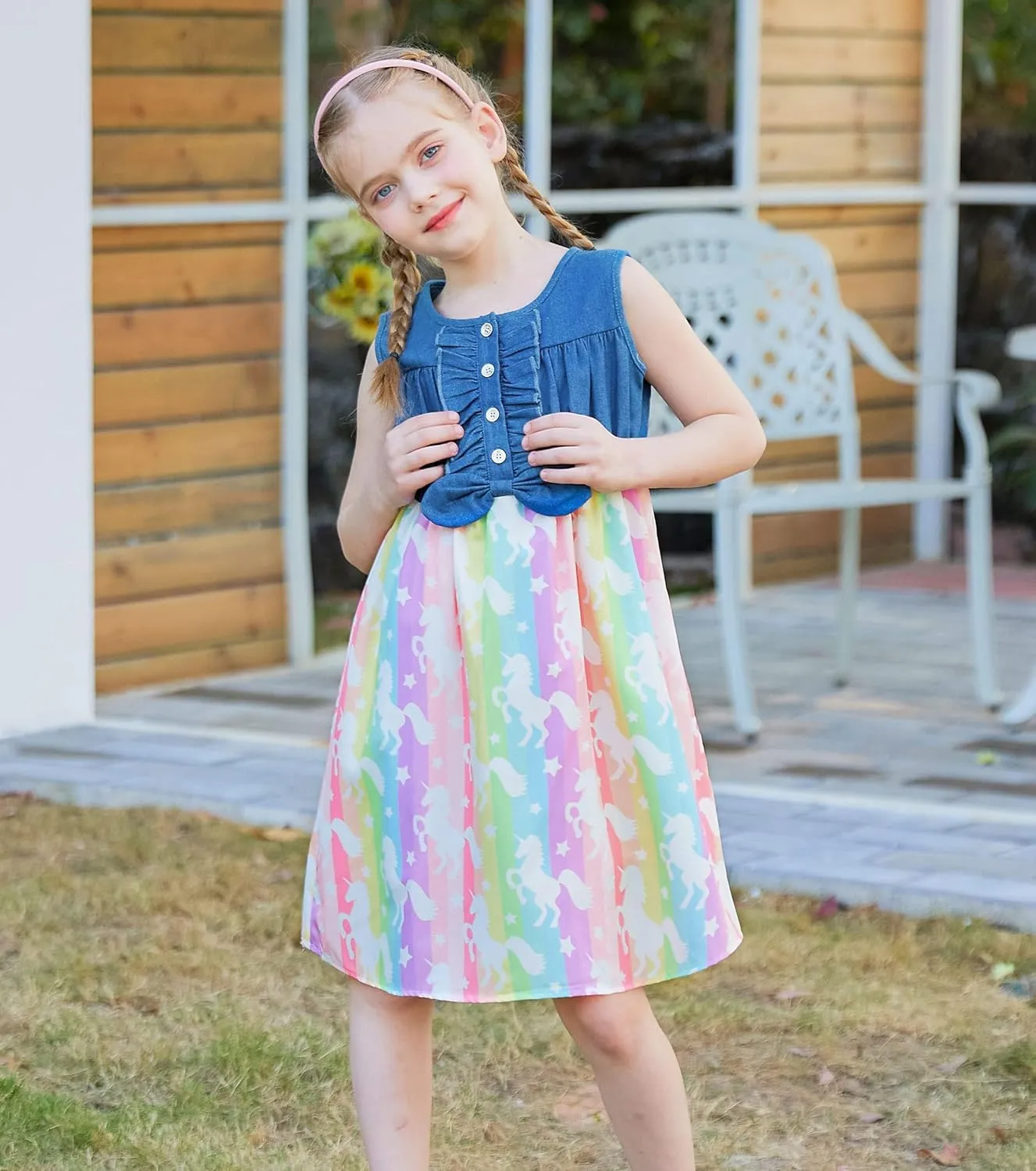 Little Girls Sleeveless Denim Dresses Casual Bowknot One-Piece Princess Sundress Tutu Skirt 2-8 Years