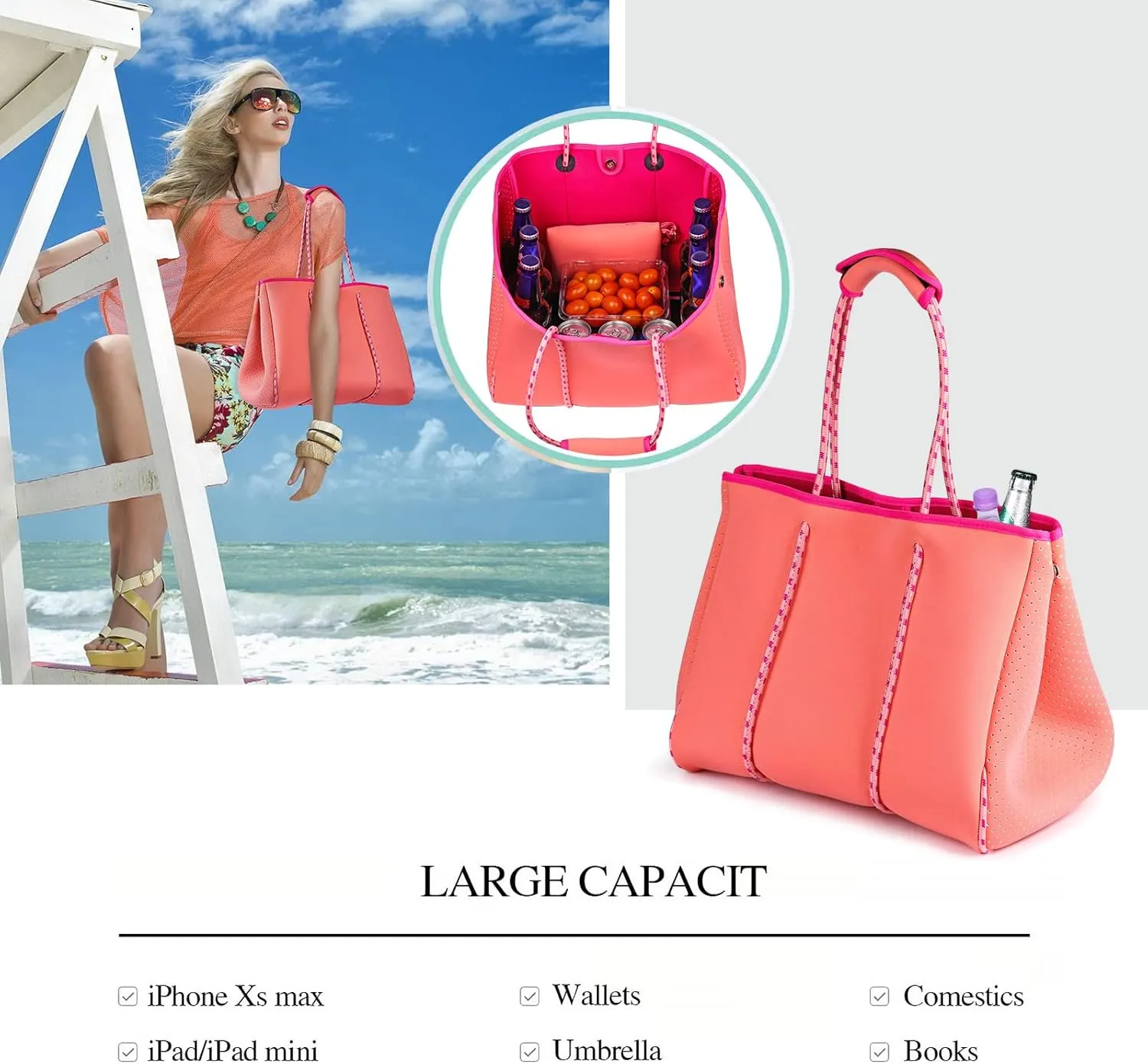 LMYYG Beach bag,Multipurpose Neoprene Bag,Large Tote Bag,Waterproof Shoulder Beach Bag for Travel Beach Gym Swimming