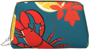 Lobster and Lemon Print Small Leather Makeup Bag for Women, Travel Cosmetic Bag with Zipper, Toiletries, Purse, Gift