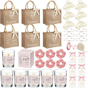Locmeo Set of 6 Bridesmaids Proposal Gifts Including 6 Burlap Gift Bags with Ribbon 6 Pearl Hair Claw Clips 6 Scented Candle 6 Invitation Card 6 Satin Scrunchies 6 Bracelet Wedding Favors for Women