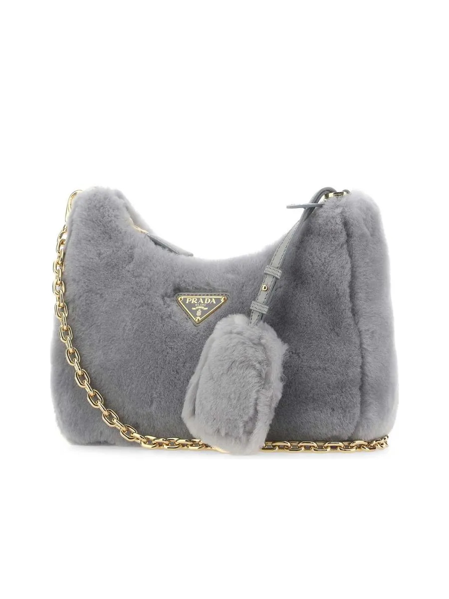 Logo Plaque Zipped Shearling Shoulder Bag