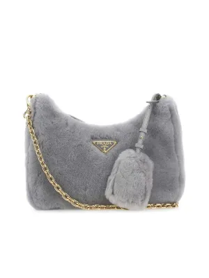 Logo Plaque Zipped Shearling Shoulder Bag
