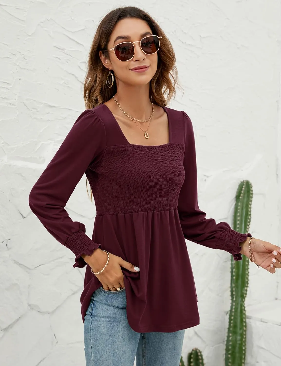LOMON Blouses for Women Puff Long Sleeve Shirts Square Neck Casual Smocked Tunic Tops 2024 Spring Fall Winter Clothes S-XL