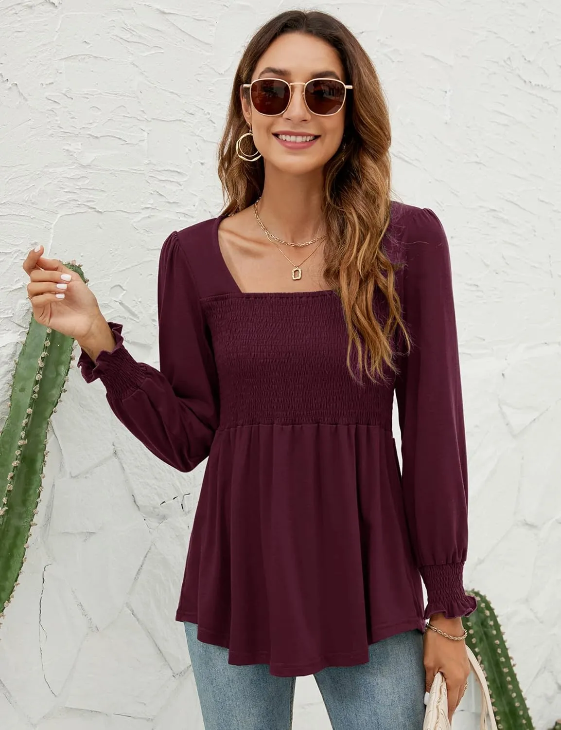 LOMON Blouses for Women Puff Long Sleeve Shirts Square Neck Casual Smocked Tunic Tops 2024 Spring Fall Winter Clothes S-XL
