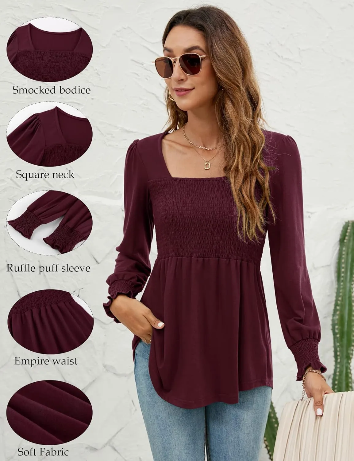 LOMON Blouses for Women Puff Long Sleeve Shirts Square Neck Casual Smocked Tunic Tops 2024 Spring Fall Winter Clothes S-XL