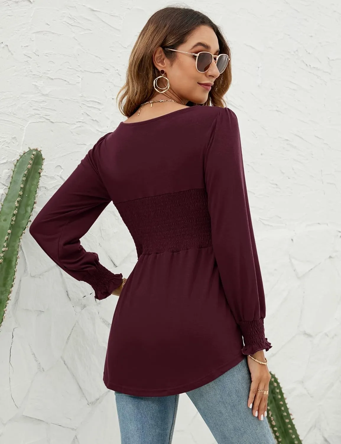 LOMON Blouses for Women Puff Long Sleeve Shirts Square Neck Casual Smocked Tunic Tops 2024 Spring Fall Winter Clothes S-XL