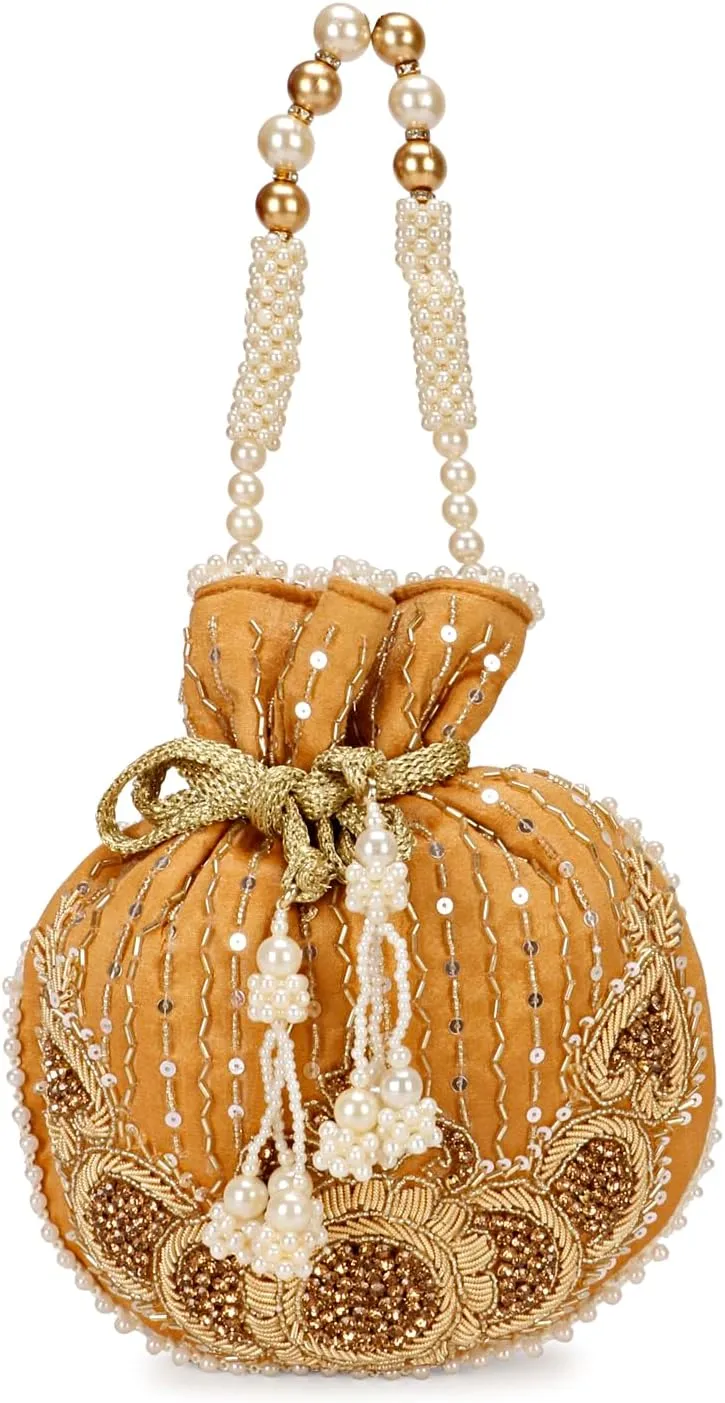 LONGING TO BUY Indian Ethnic Golden Embrodiery Potli Bag For Women, Bridal Potli Bag and Wedding Potli Bag