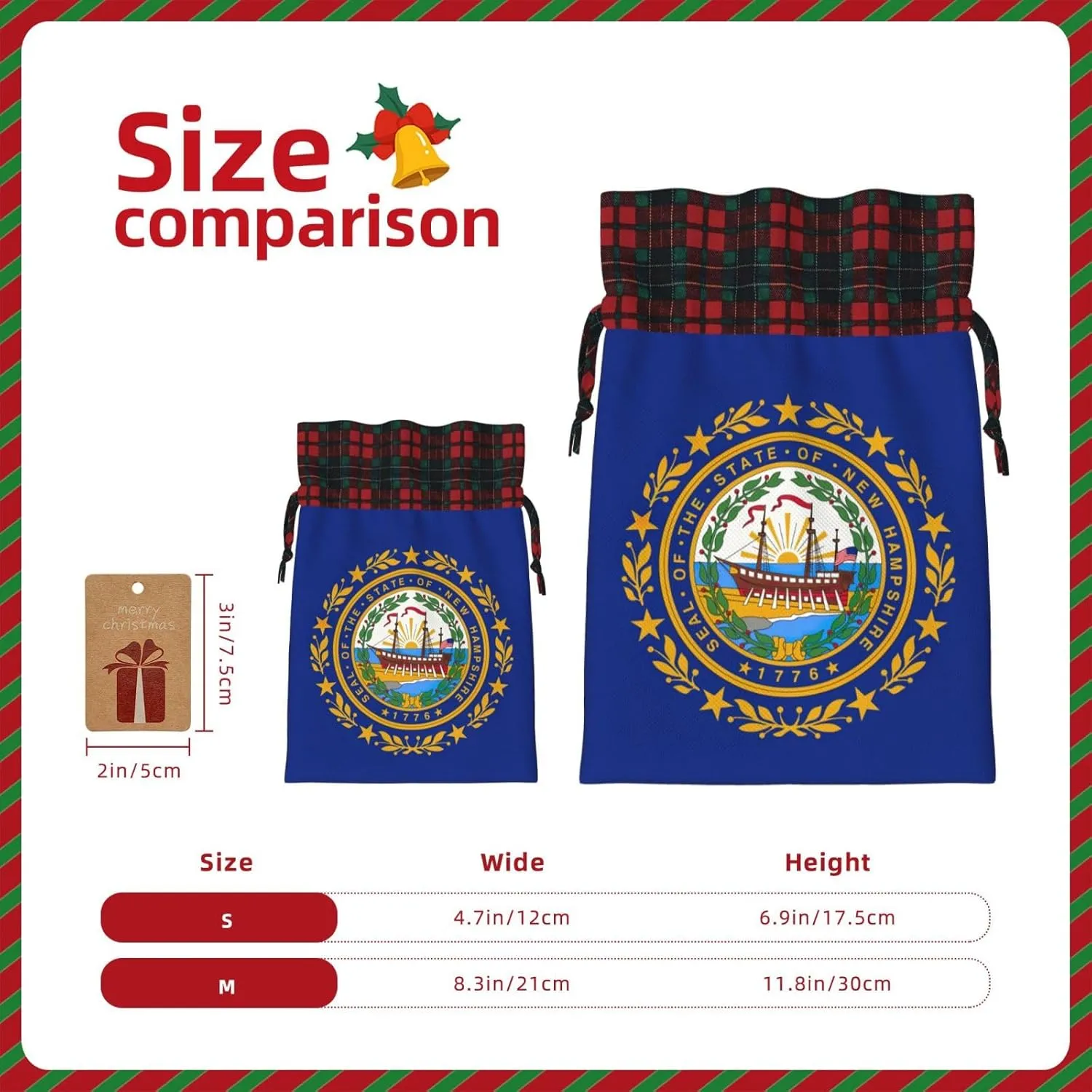 Longzehao New Hampshire state flag Print Christmas drawstring linen present bag,Christmas Wrapping Bags, Xmas Goodie Bags