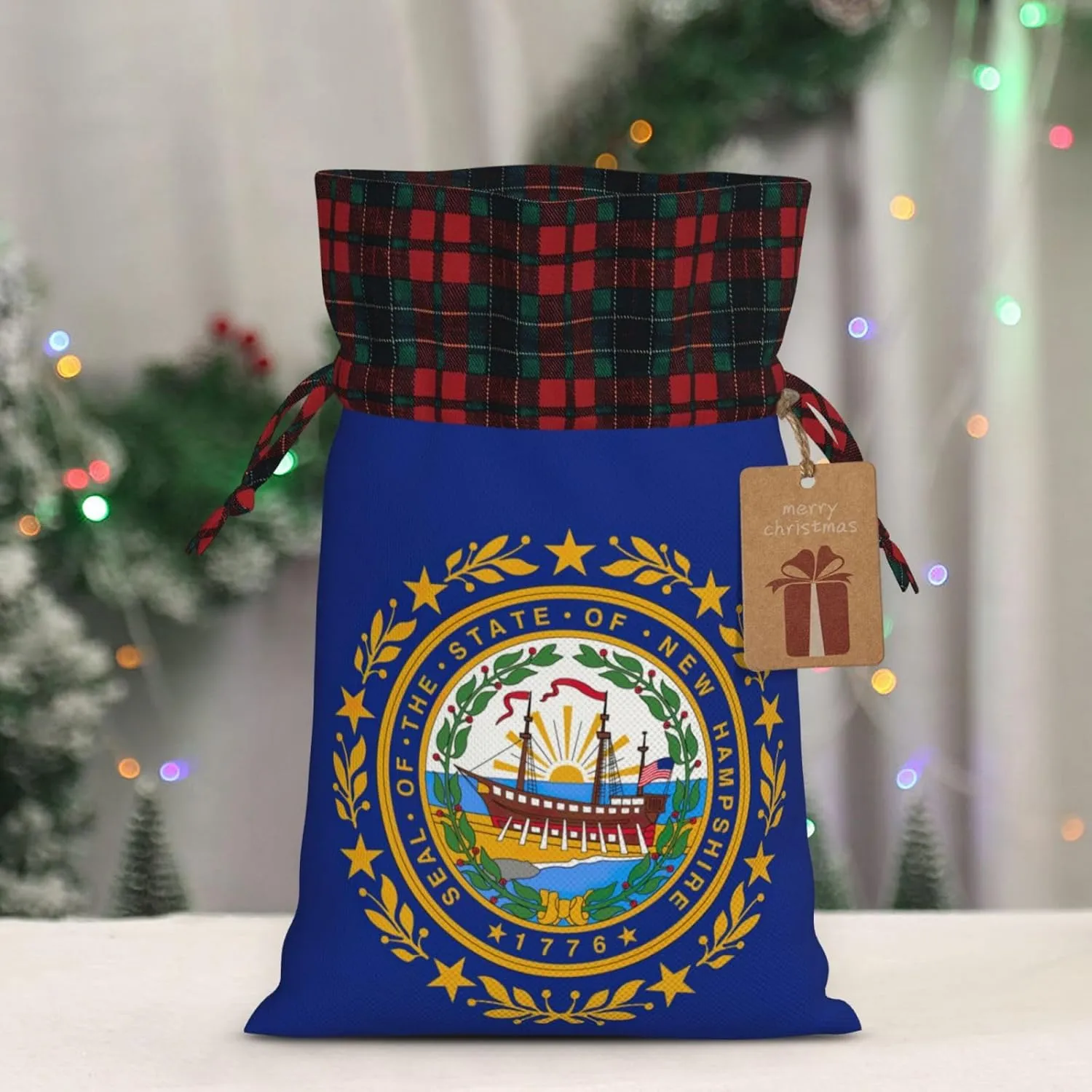Longzehao New Hampshire state flag Print Christmas drawstring linen present bag,Christmas Wrapping Bags, Xmas Goodie Bags