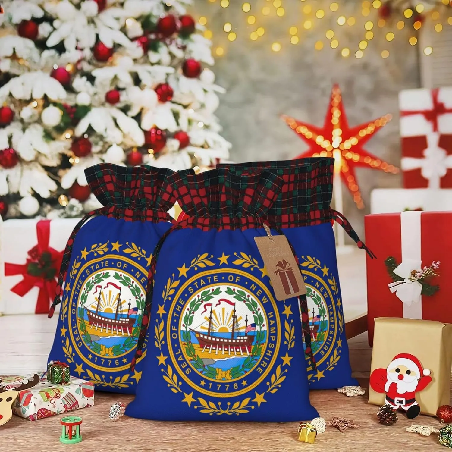 Longzehao New Hampshire state flag Print Christmas drawstring linen present bag,Christmas Wrapping Bags, Xmas Goodie Bags