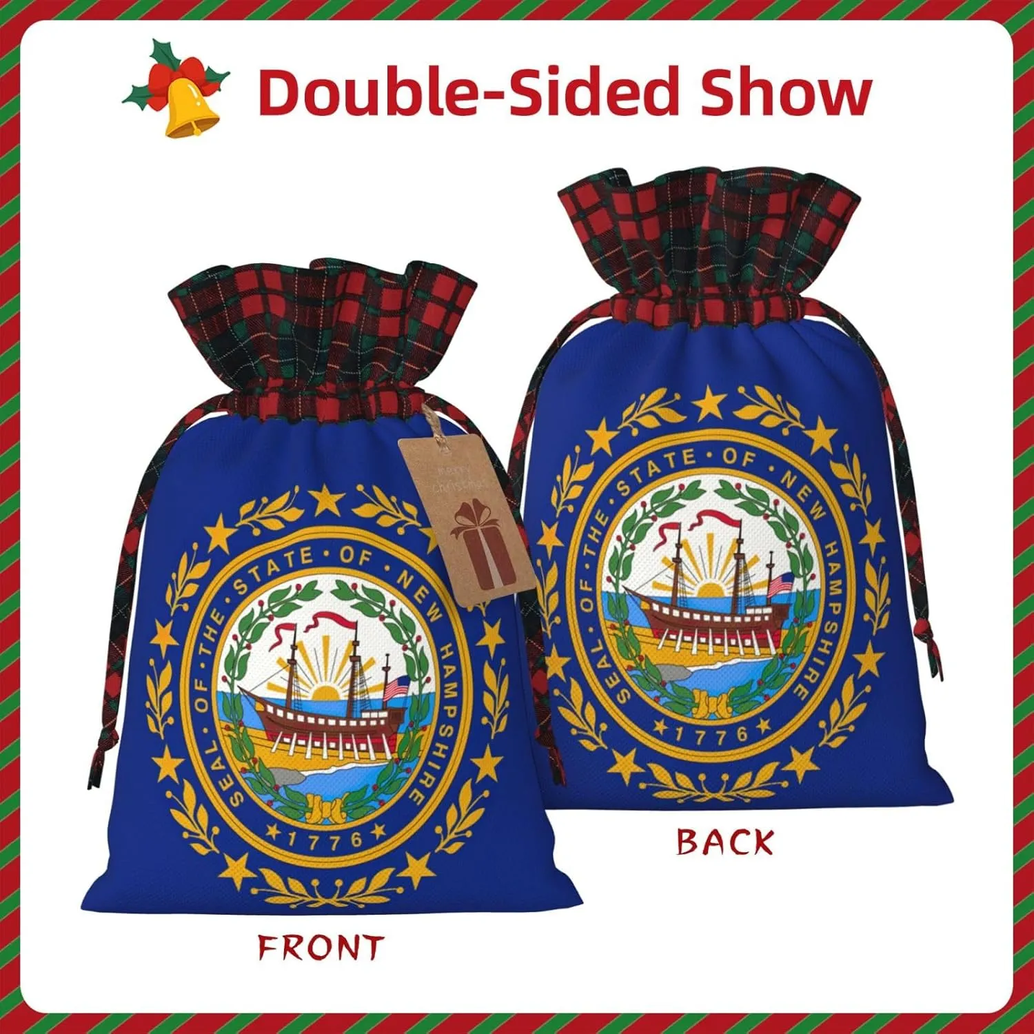 Longzehao New Hampshire state flag Print Christmas drawstring linen present bag,Christmas Wrapping Bags, Xmas Goodie Bags