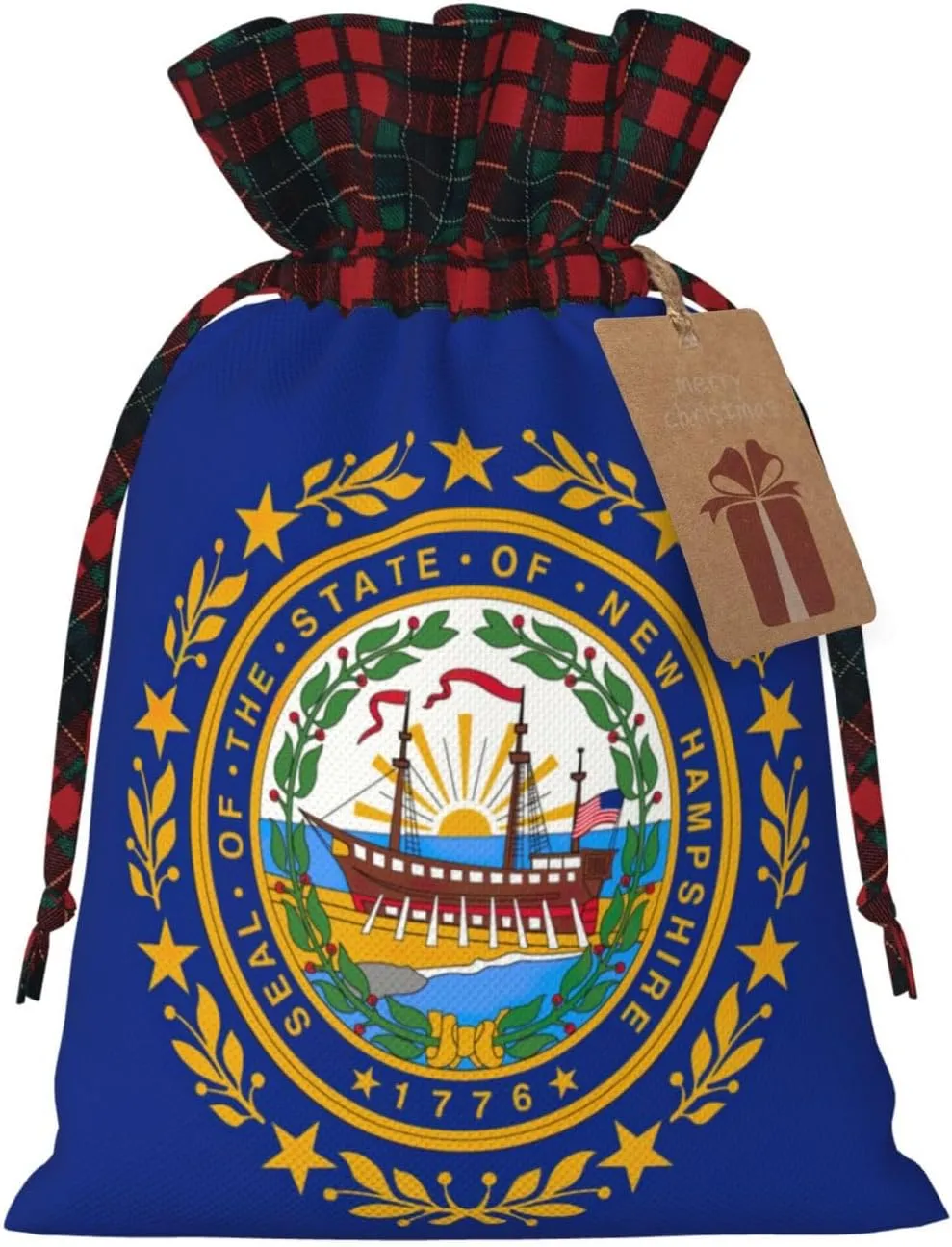 Longzehao New Hampshire state flag Print Christmas drawstring linen present bag,Christmas Wrapping Bags, Xmas Goodie Bags