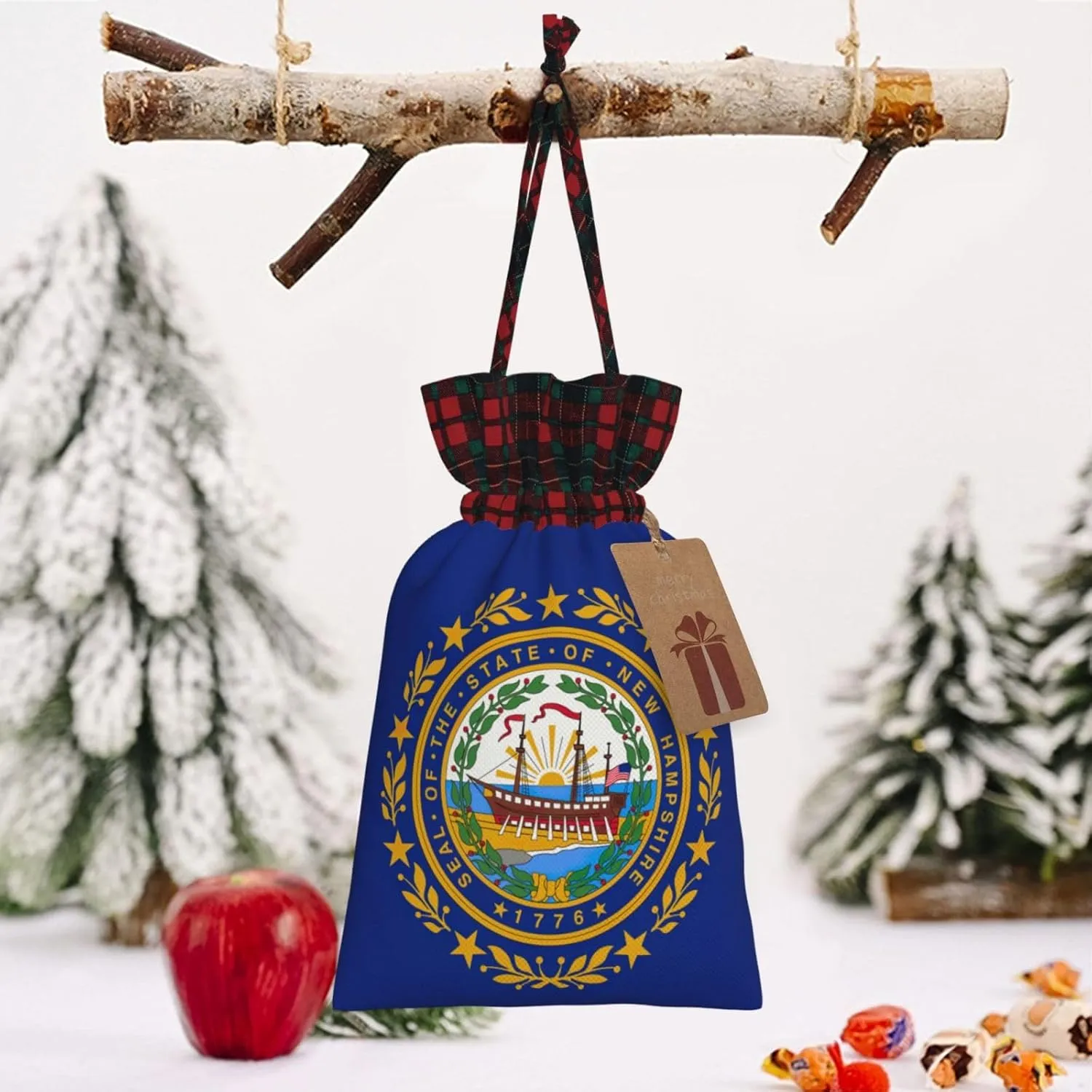 Longzehao New Hampshire state flag Print Christmas drawstring linen present bag,Christmas Wrapping Bags, Xmas Goodie Bags
