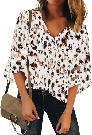 LookbookStore Women's V Neck Mesh Panel Blouse 3/4 Bell Sleeve Loose Top Shirt