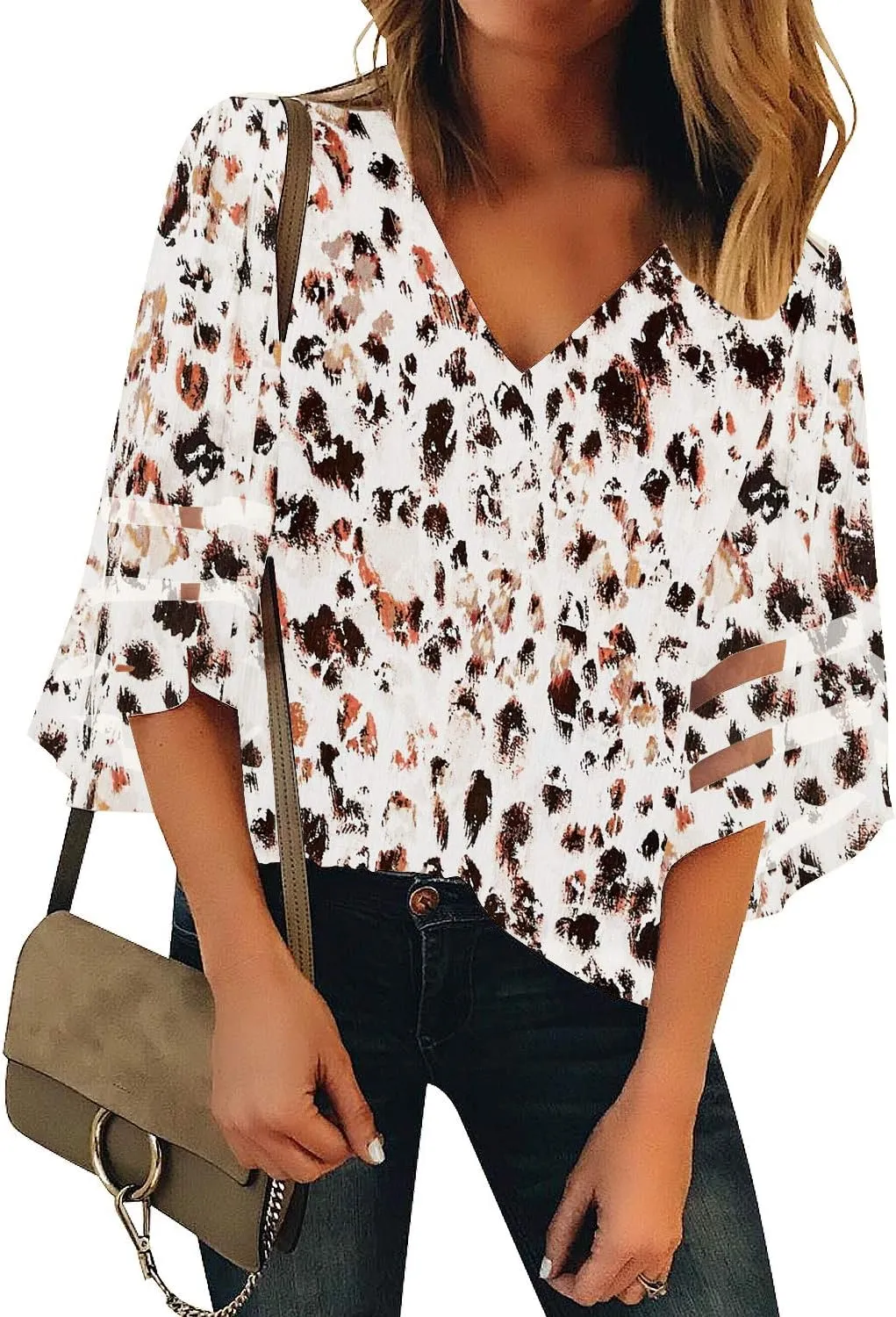 LookbookStore Women's V Neck Mesh Panel Blouse 3/4 Bell Sleeve Loose Top Shirt