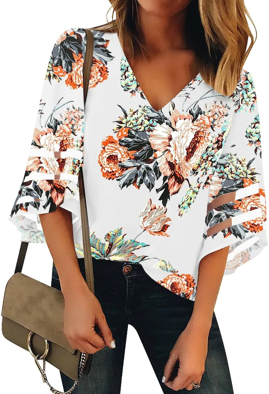 LookbookStore Women's V Neck Mesh Panel Blouse 3/4 Bell Sleeve Loose Top Shirt