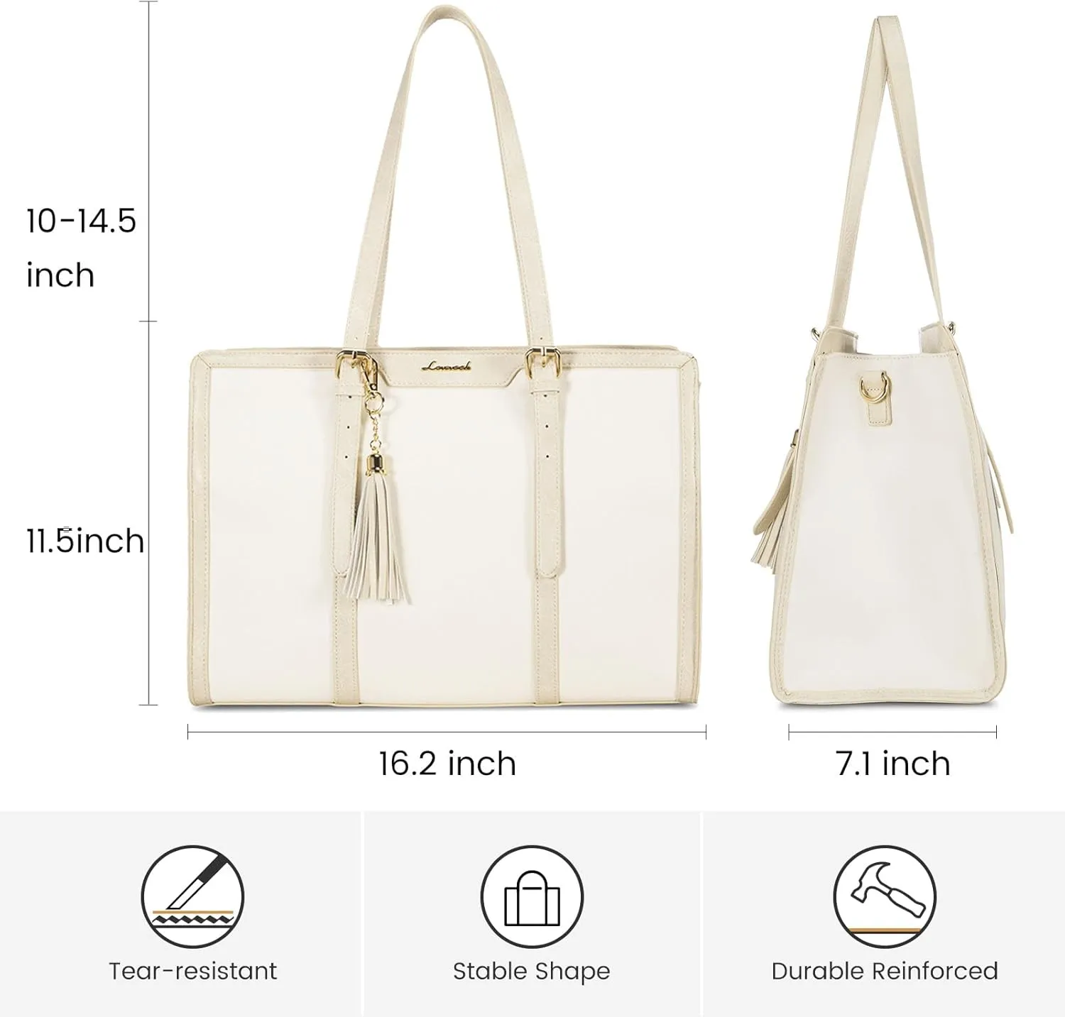 LOVEVOOK Laptop Bag for Women 15.6 inch Lightweight Canvas Laptop Tote Bag, Large Capacity Computer bag with Clutch Purse for Business, Work, Office, Travel, School（Pearl White & Beige，15.6 Inch）