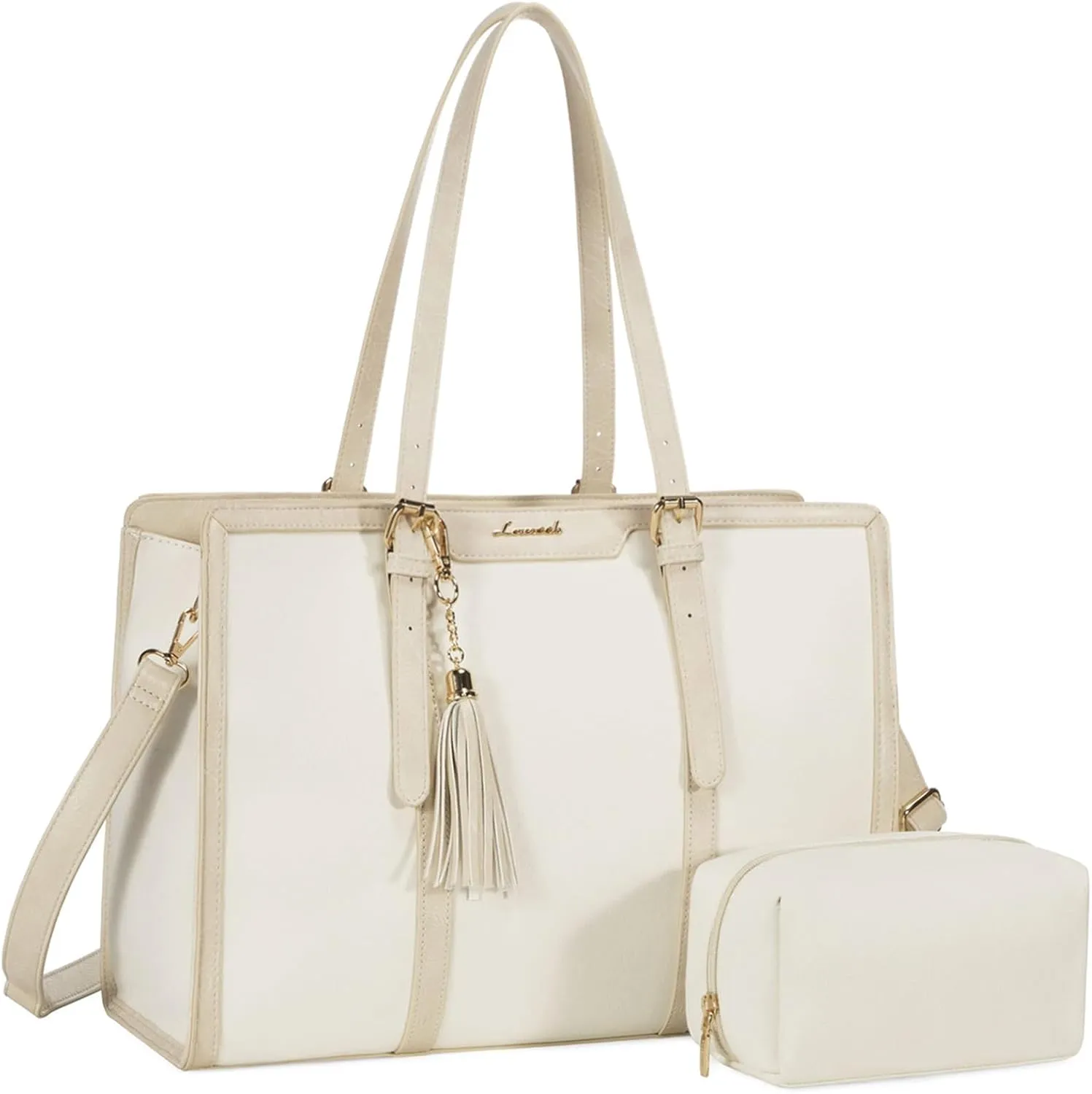 LOVEVOOK Laptop Bag for Women 15.6 inch Lightweight Canvas Laptop Tote Bag, Large Capacity Computer bag with Clutch Purse for Business, Work, Office, Travel, School（Pearl White & Beige，15.6 Inch）