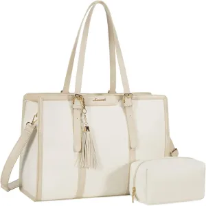 LOVEVOOK Laptop Bag for Women 15.6 inch Lightweight Canvas Laptop Tote Bag, Large Capacity Computer bag with Clutch Purse for Business, Work, Office, Travel, School（Pearl White & Beige，15.6 Inch）